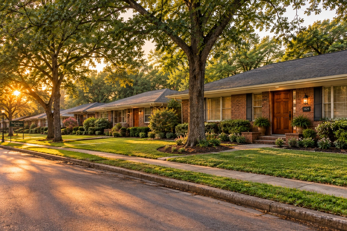 Refinished wood front doors on a Belvedere Park Georgia ranch home street