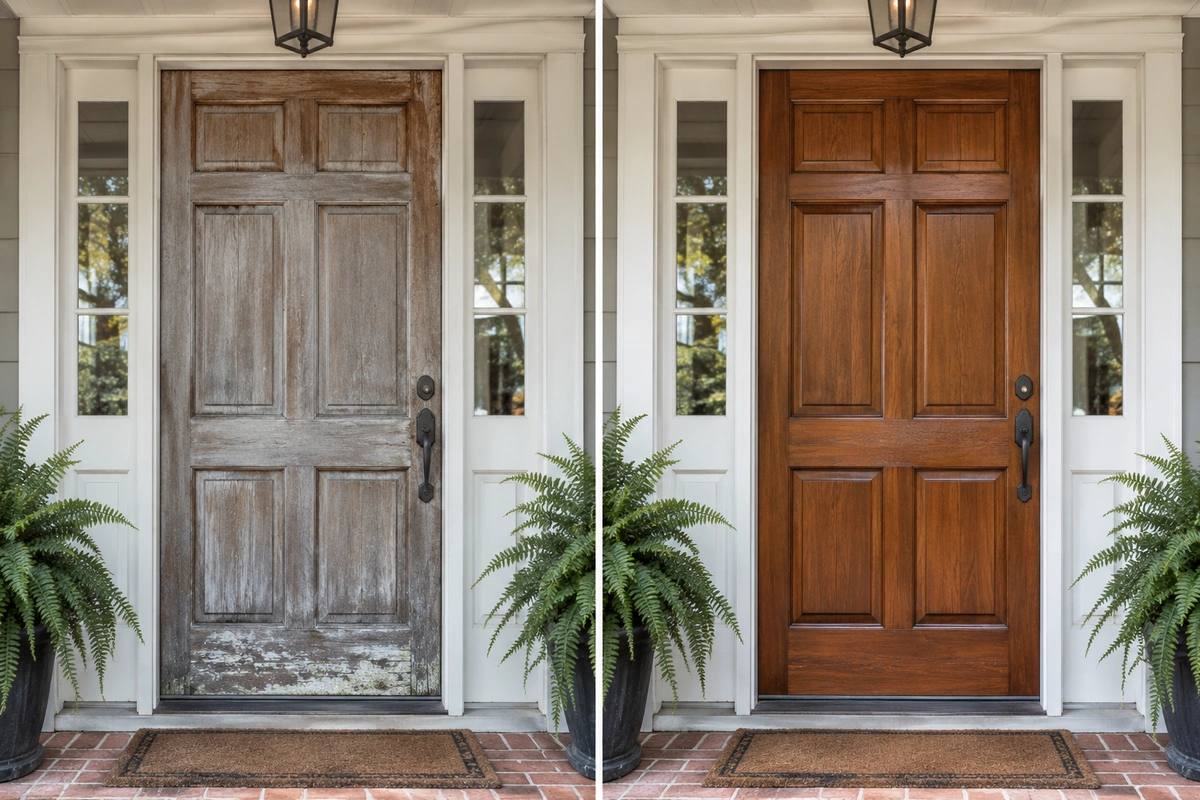 Door Refinishing Berkeley Lake, GA: Lakeside Wood Door Restoration Built for the Canopy 5 Berkeley Lake GA door restoration before and after – weathered wood door refinished with UV sealant