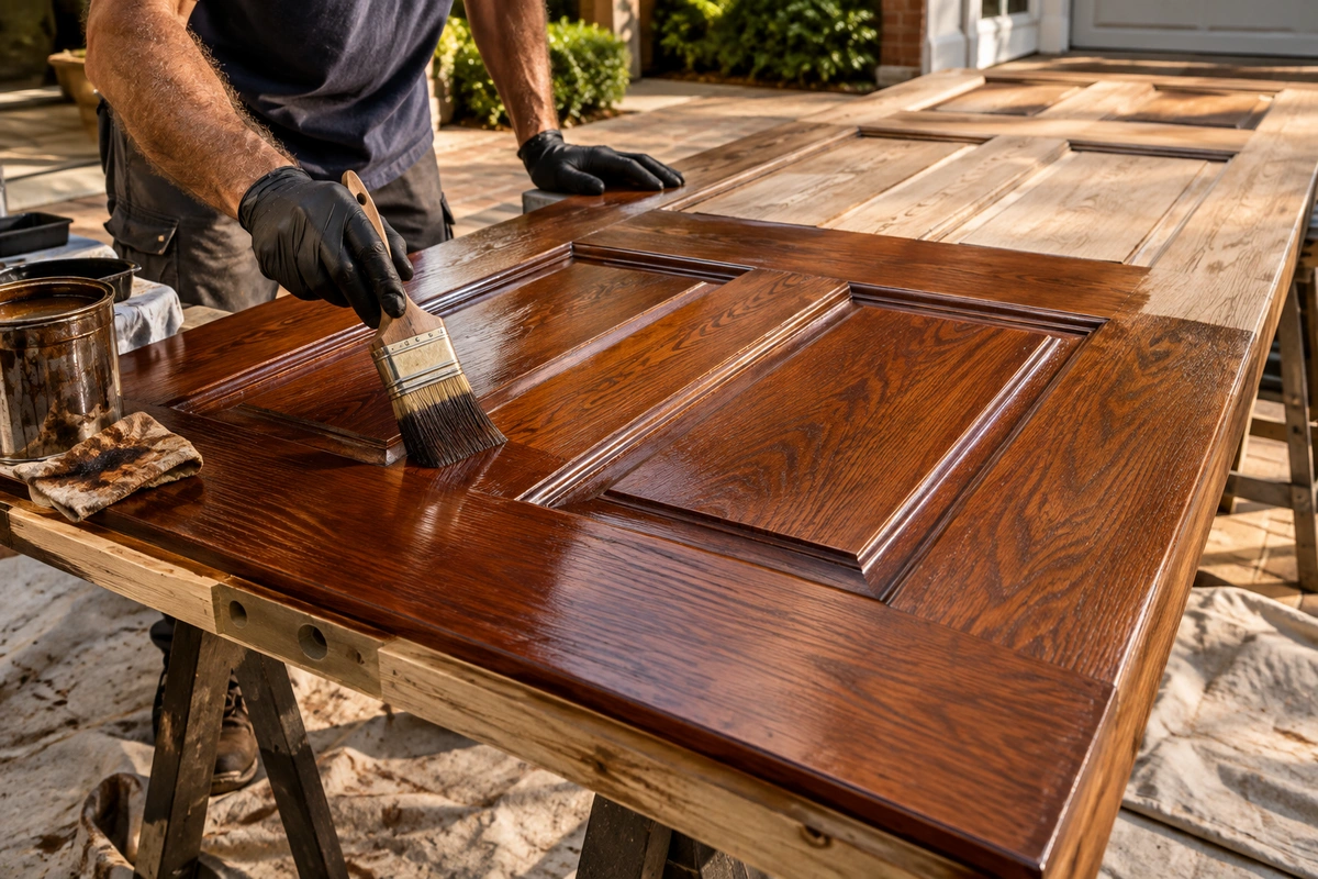 Buckhead Door Refinishing, GA 4 Craftsman hand-staining a wood entry door during on-site Buckhead door refinishing
