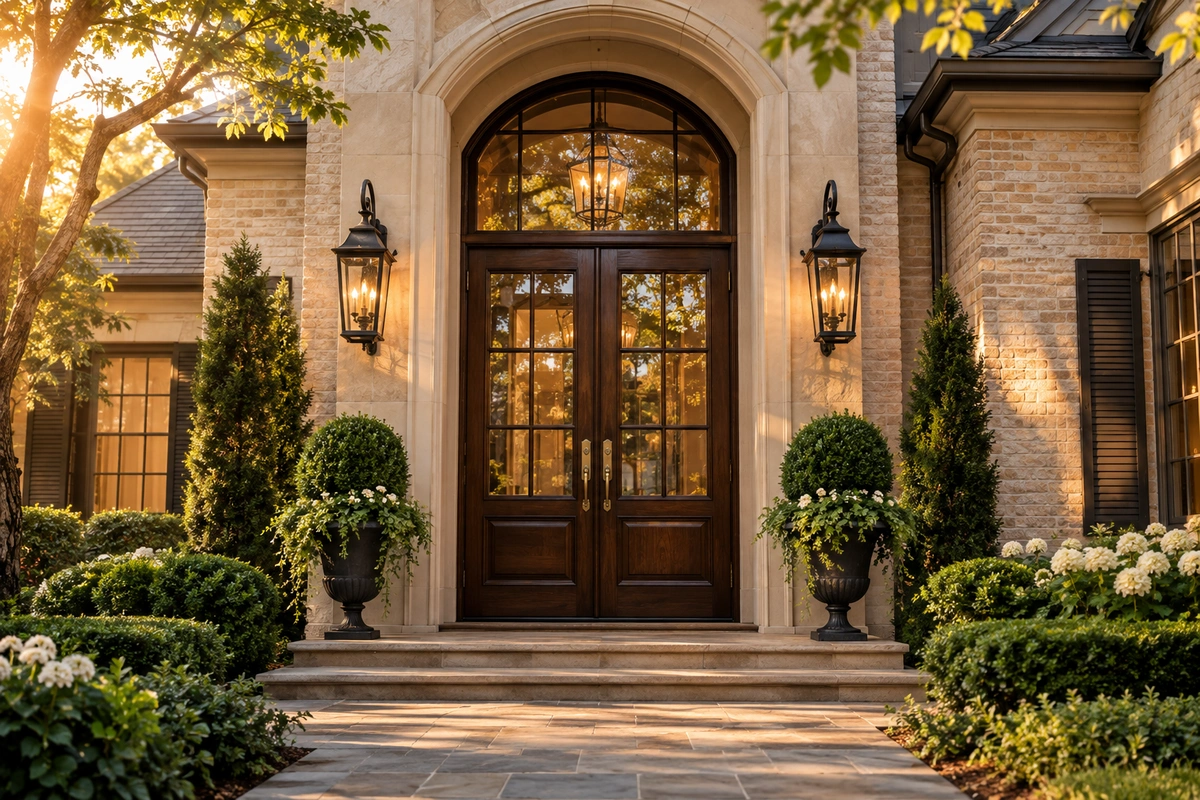 Buckhead Door Refinishing, GA 5 Refinished double-door entry system on a Buckhead estate home, professional door refinishing