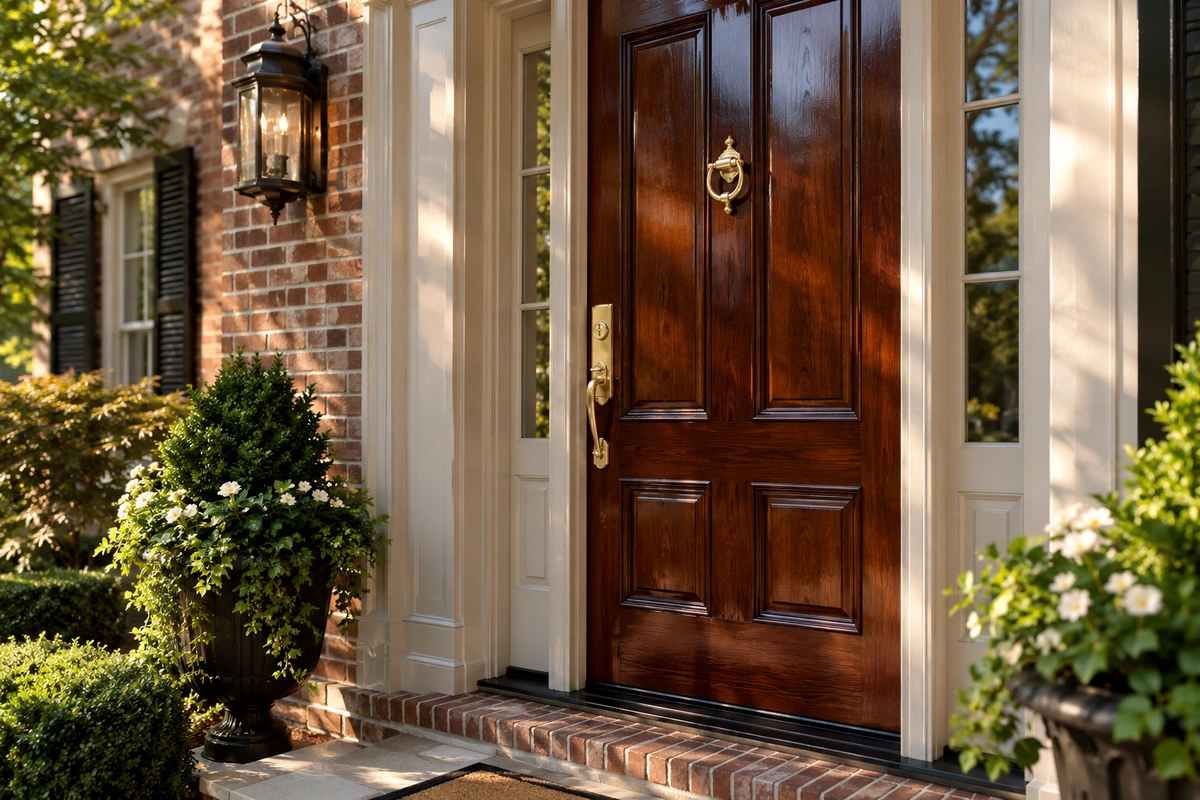 Buckhead Door Refinishing, GA 2 Refinished mahogany front door on a Buckhead Atlanta home after professional door refinishing