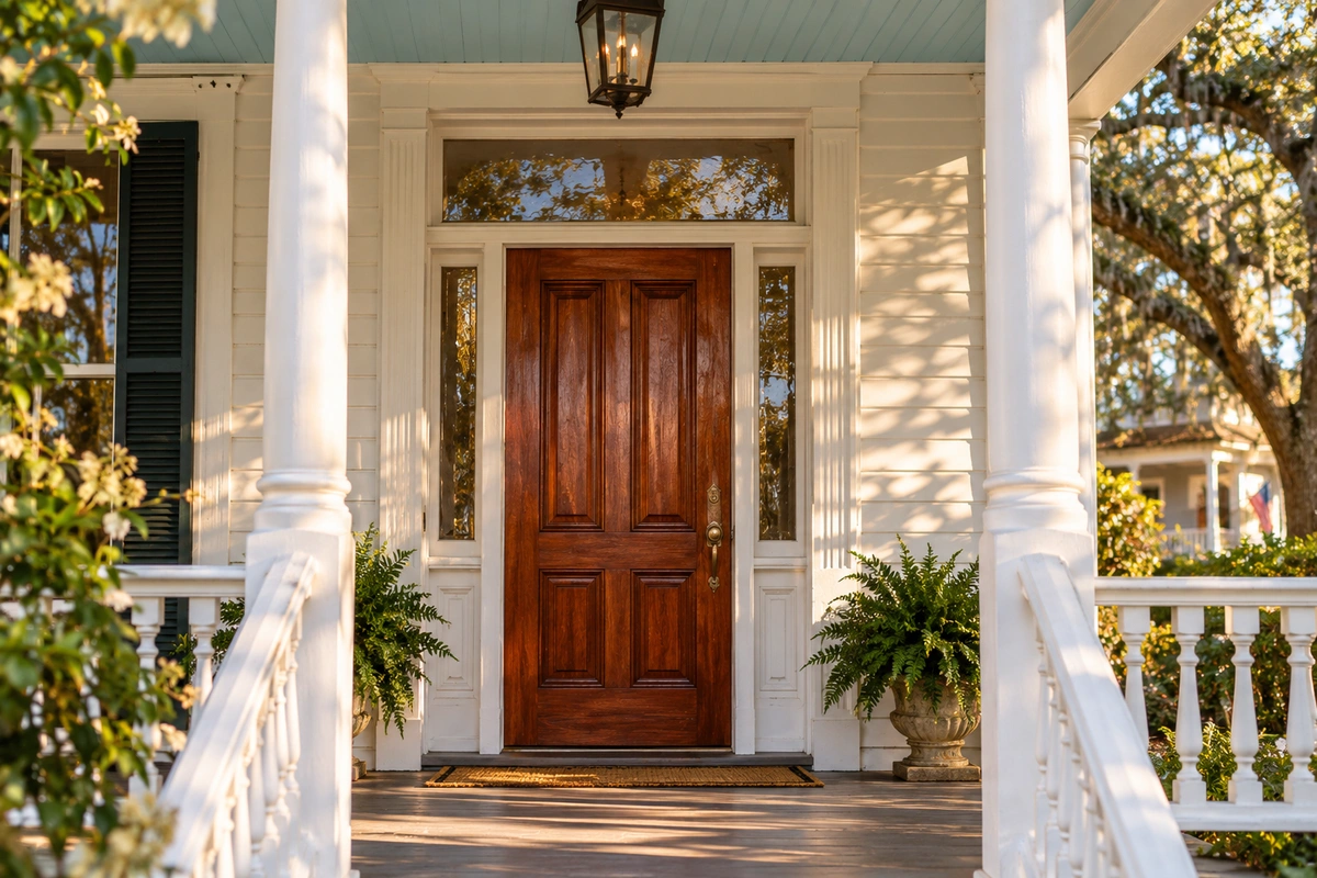 Door refinishing Adairsville GA – restored mahogany front door on a historic Victorian home