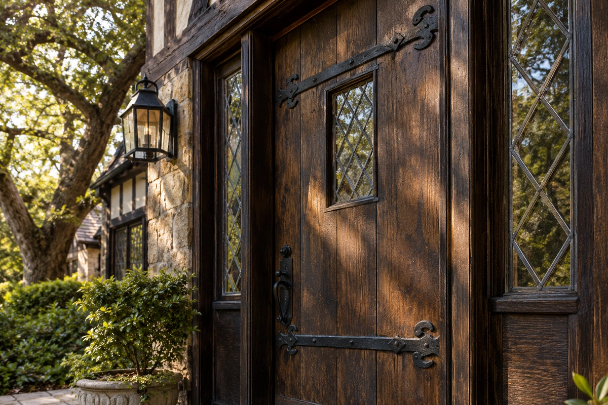 Door refinishing Avondale Estates GA - Tudor Revival wood front door before restoration