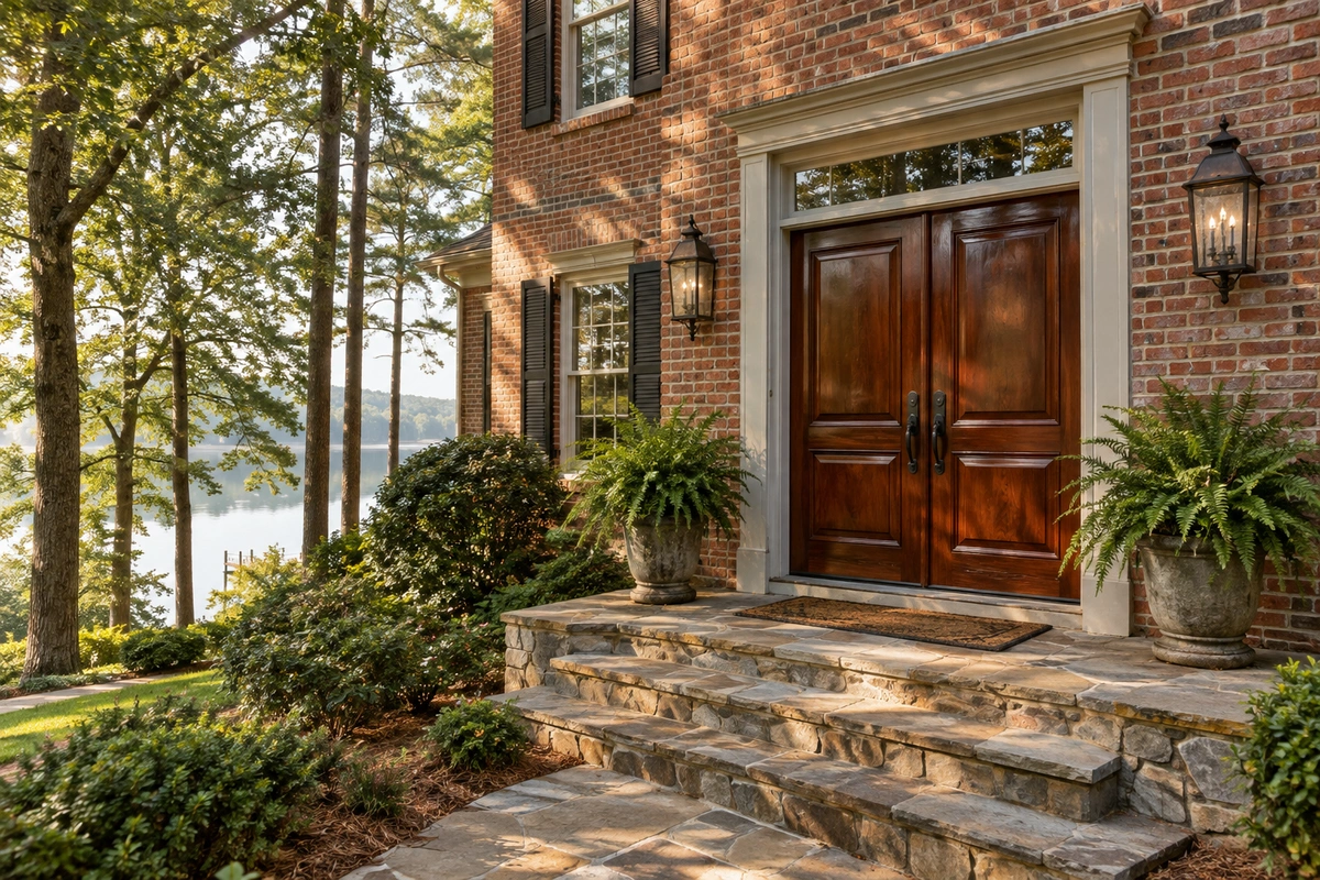 Door Refinishing Berkeley Lake, GA: Lakeside Wood Door Restoration Built for the Canopy 2 Door refinishing Berkeley Lake GA – refinished mahogany front door on a tree-shaded lakeside home