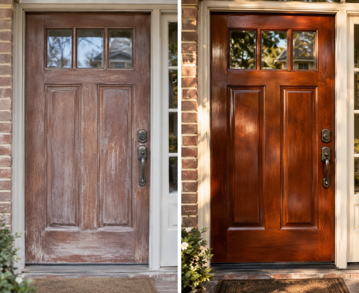 Door refinishing Bonanza GA before and after wood front door restoration