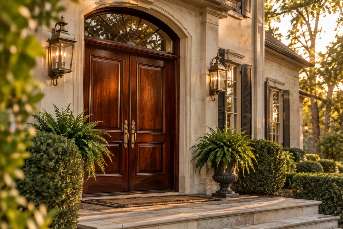 Door refinishing Braselton GA – refinished mahogany double entry door on a stone estate home