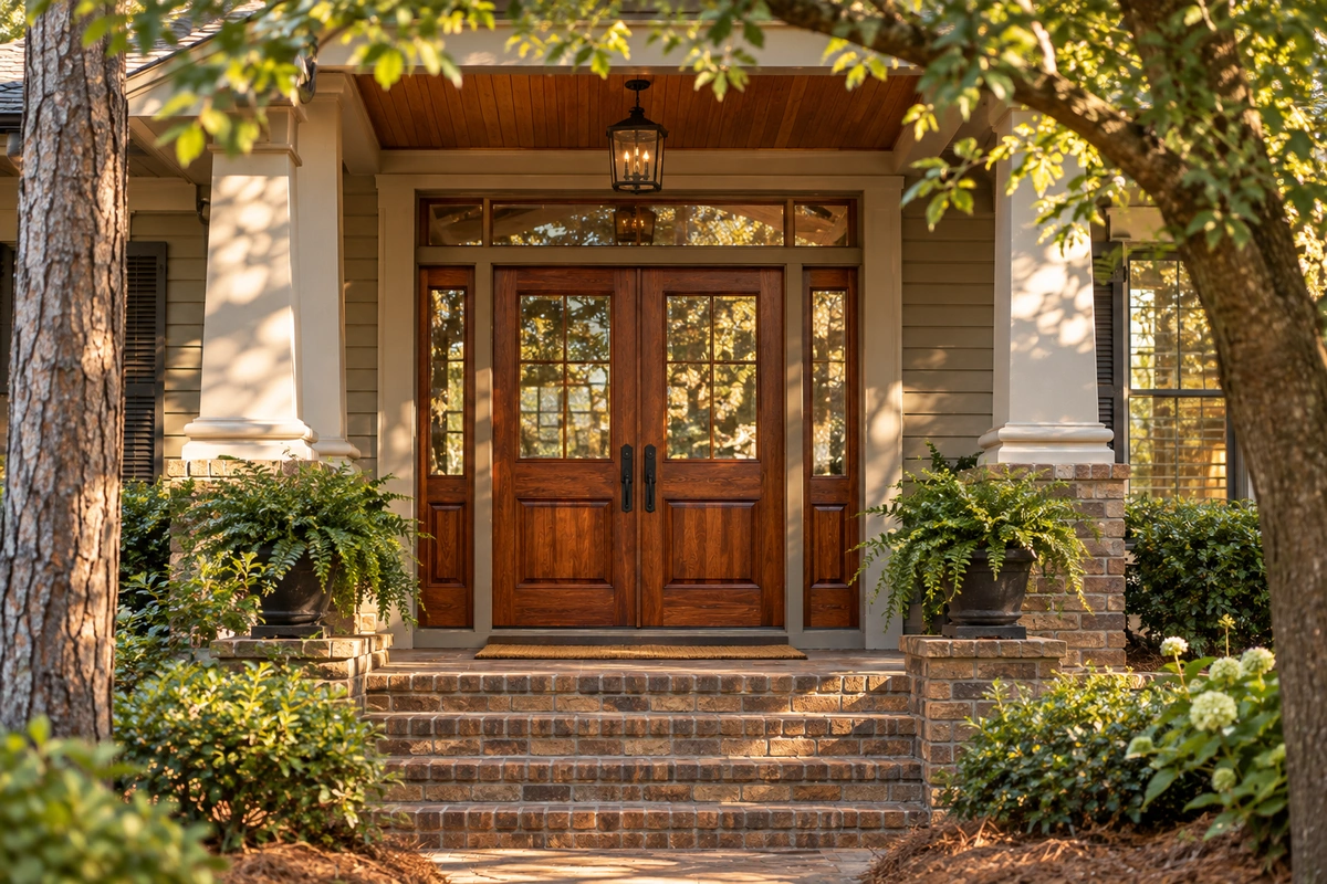 Door Refinishing Braswell, GA: On-Site Wood, Fiberglass & Metal Door Restoration 2 Door refinishing Braswell GA: restored mahogany double entry door on a Paulding County home