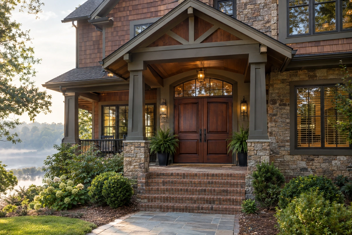 Door Refinishing Buford, GA: Lake Lanier-Ready Restoration for Wood, Fiberglass and Metal Entry Doors 2 Door refinishing in Buford, GA: restored mahogany double entry door on a Lake Lanier-area home
