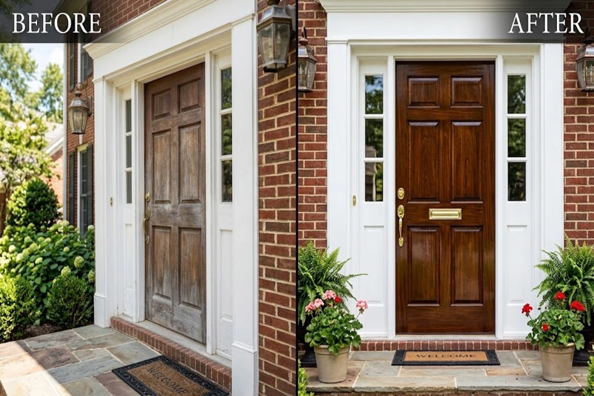 Door refinishing Canton GA before and after wood front door restoration