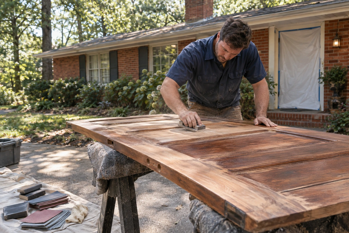 Door refinishing Chamblee GA technician hand-sanding a stripped wood front door on-site at a brick ranch home