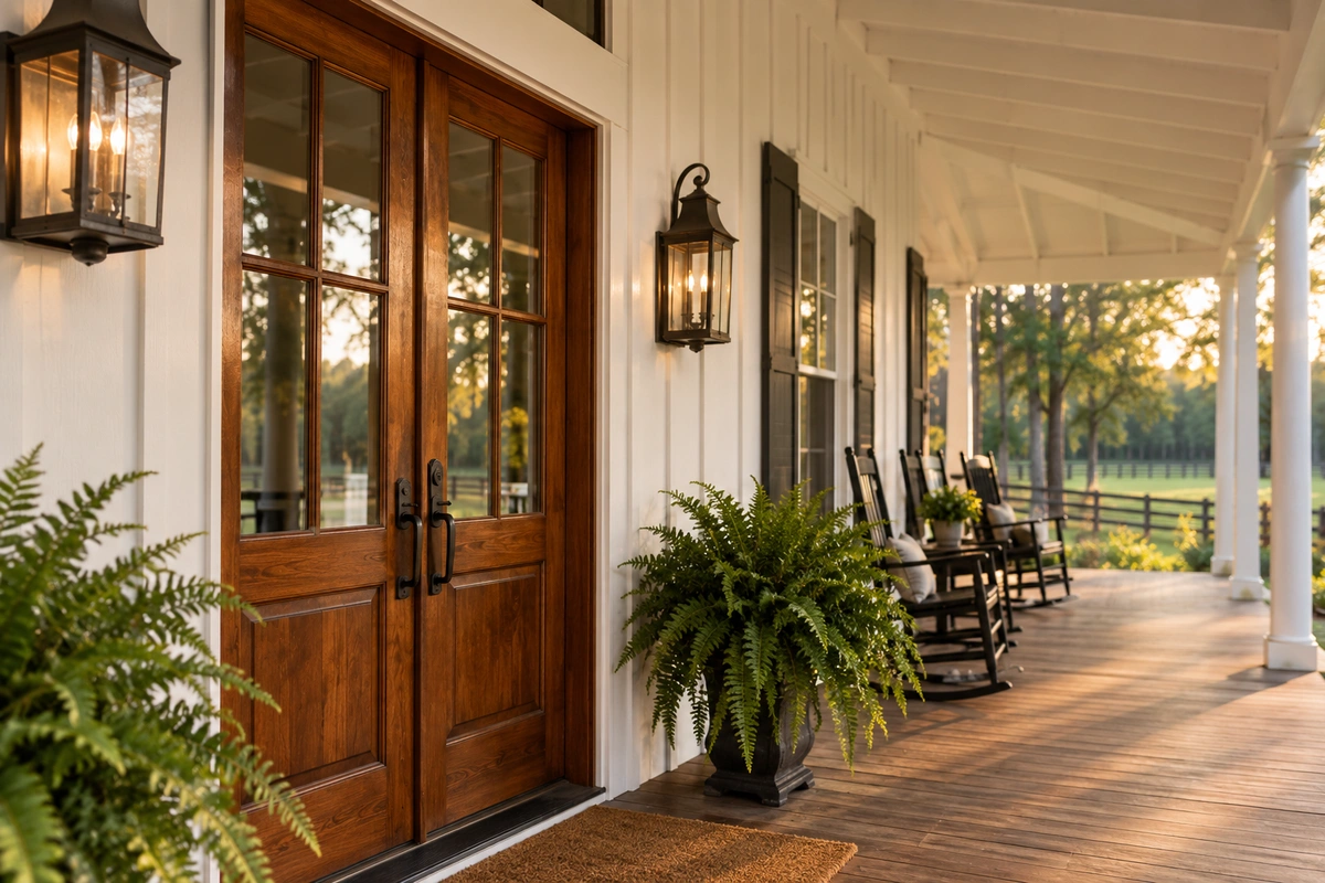 Door refinishing Chattahoochee Hills GA – restored mahogany front door on a Fulton County farmhouse