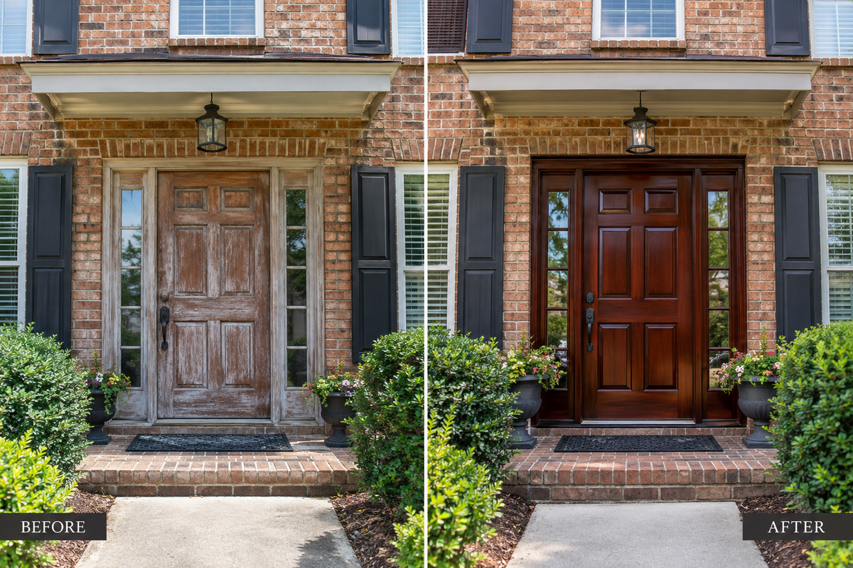 Before and after door refinishing Grayson GA wood front door restoration