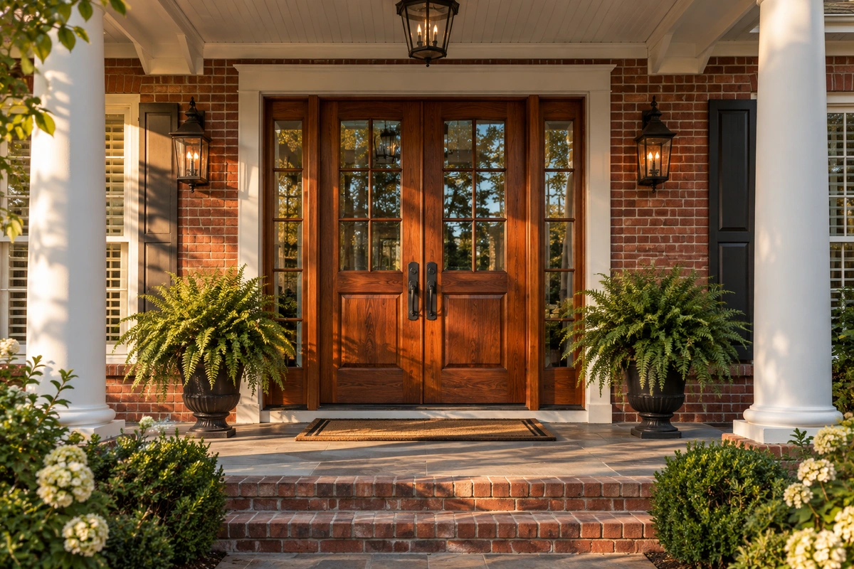 Door refinishing Hampton GA – restored mahogany double entry door on a Henry County brick home
