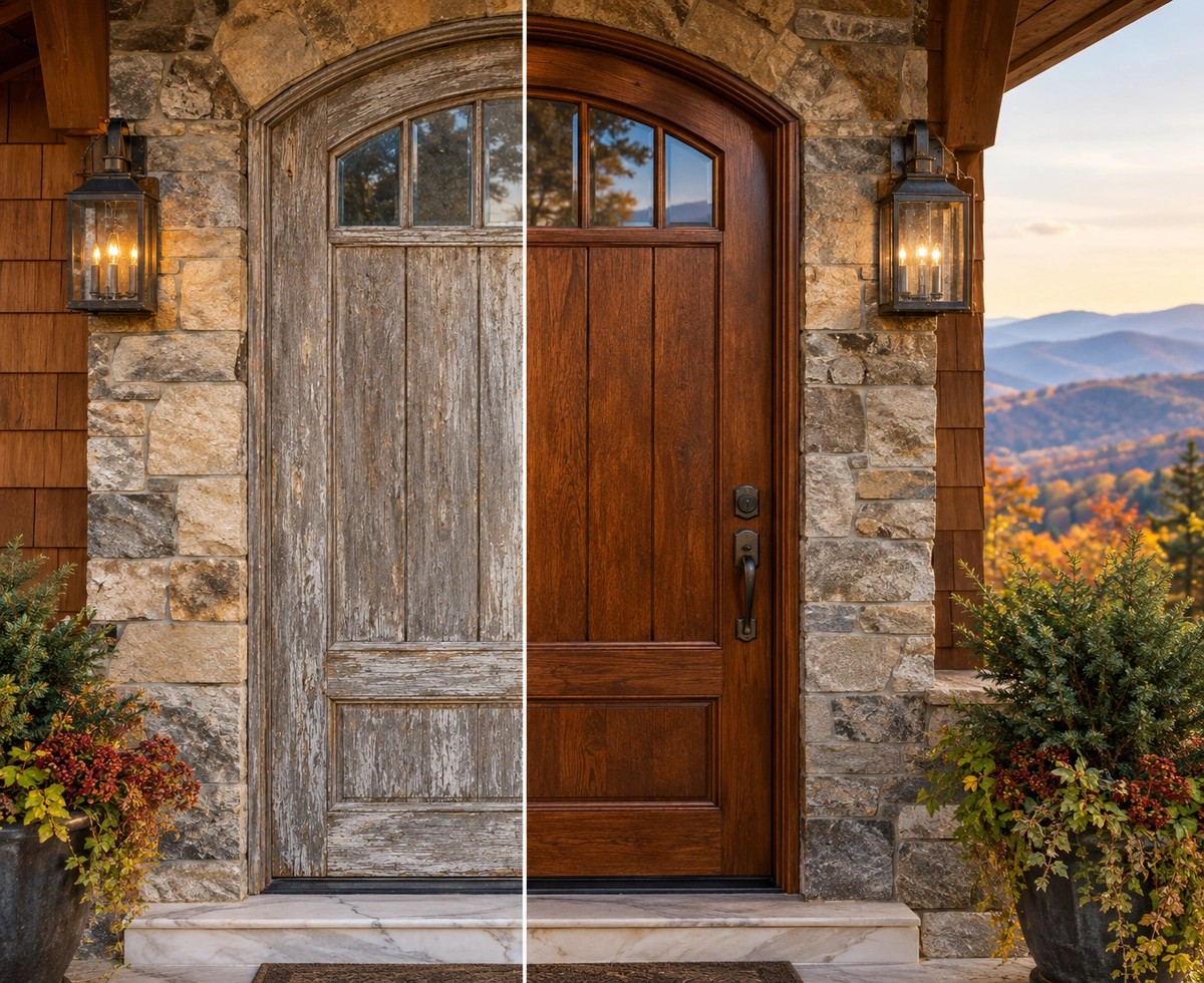 Door refinishing Jasper GA before and after on a wood front door of a Pickens County mountain home