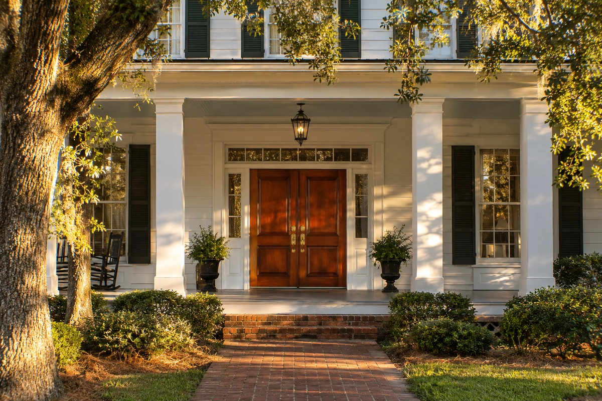 Door refinishing Jonesboro GA – restored mahogany double entry door on a Greek Revival-style Clayton County home