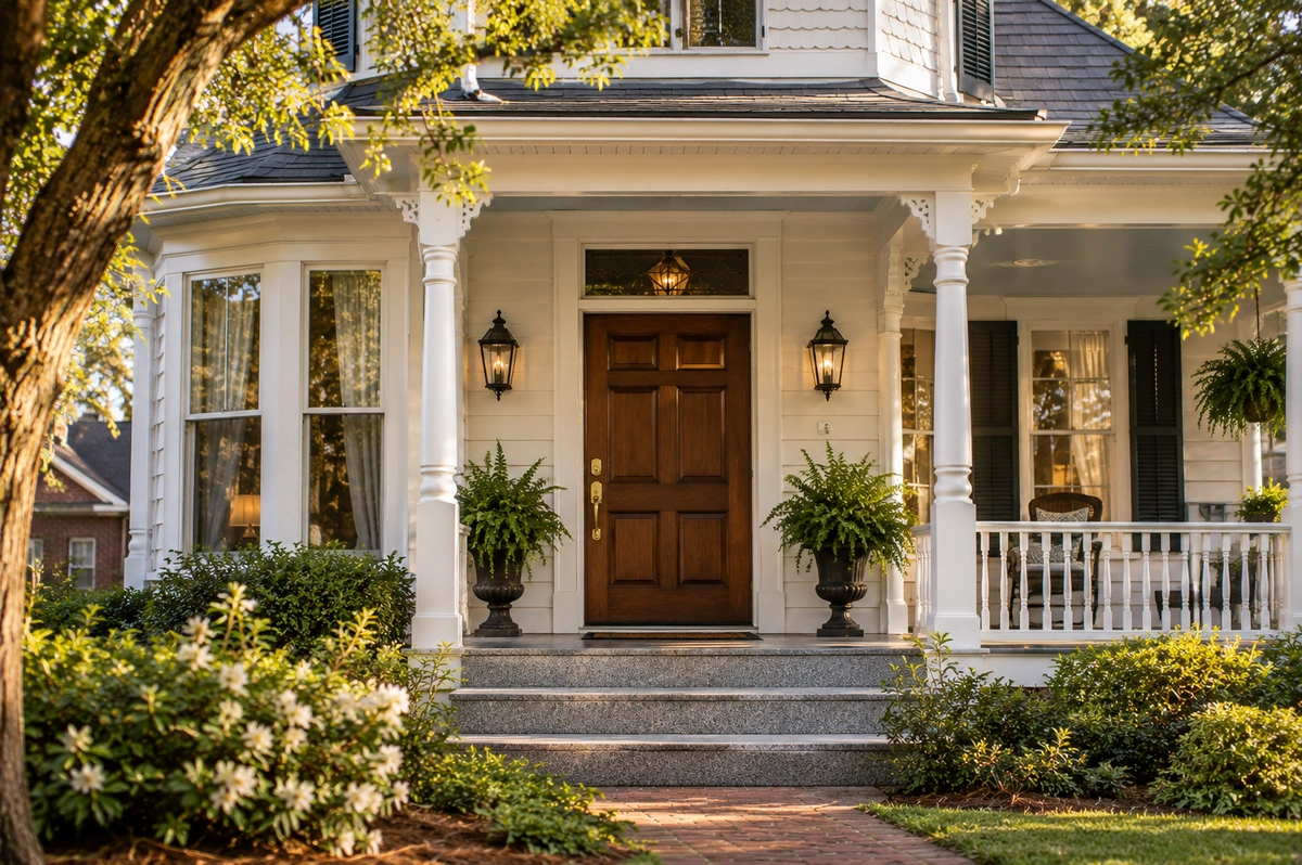 Door Refinishing Lithonia, GA | Doors, Cabinets, Floors & Stairs 2 Door refinishing Lithonia GA – restored walnut front door on a historic granite-step cottage