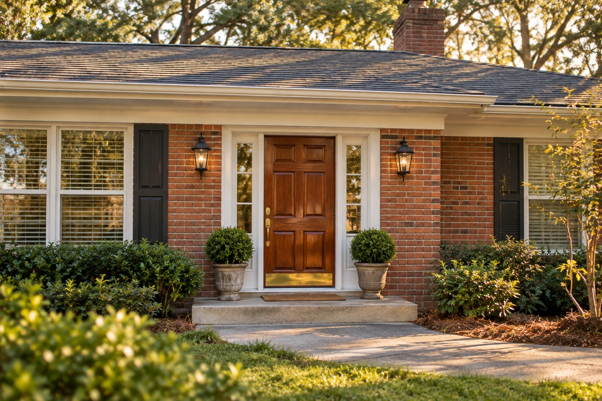 Door Refinishing Mableton, GA: Wood, Fiberglass & Metal Door Restoration 2 Door refinishing in Mableton GA – restored mahogany front door with white trim on a brick ranch home