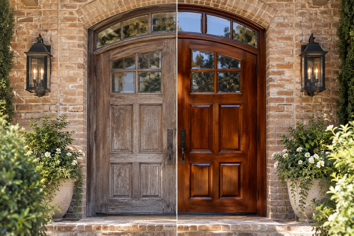Door refinishing Milton GA before and after estate entry door restoration