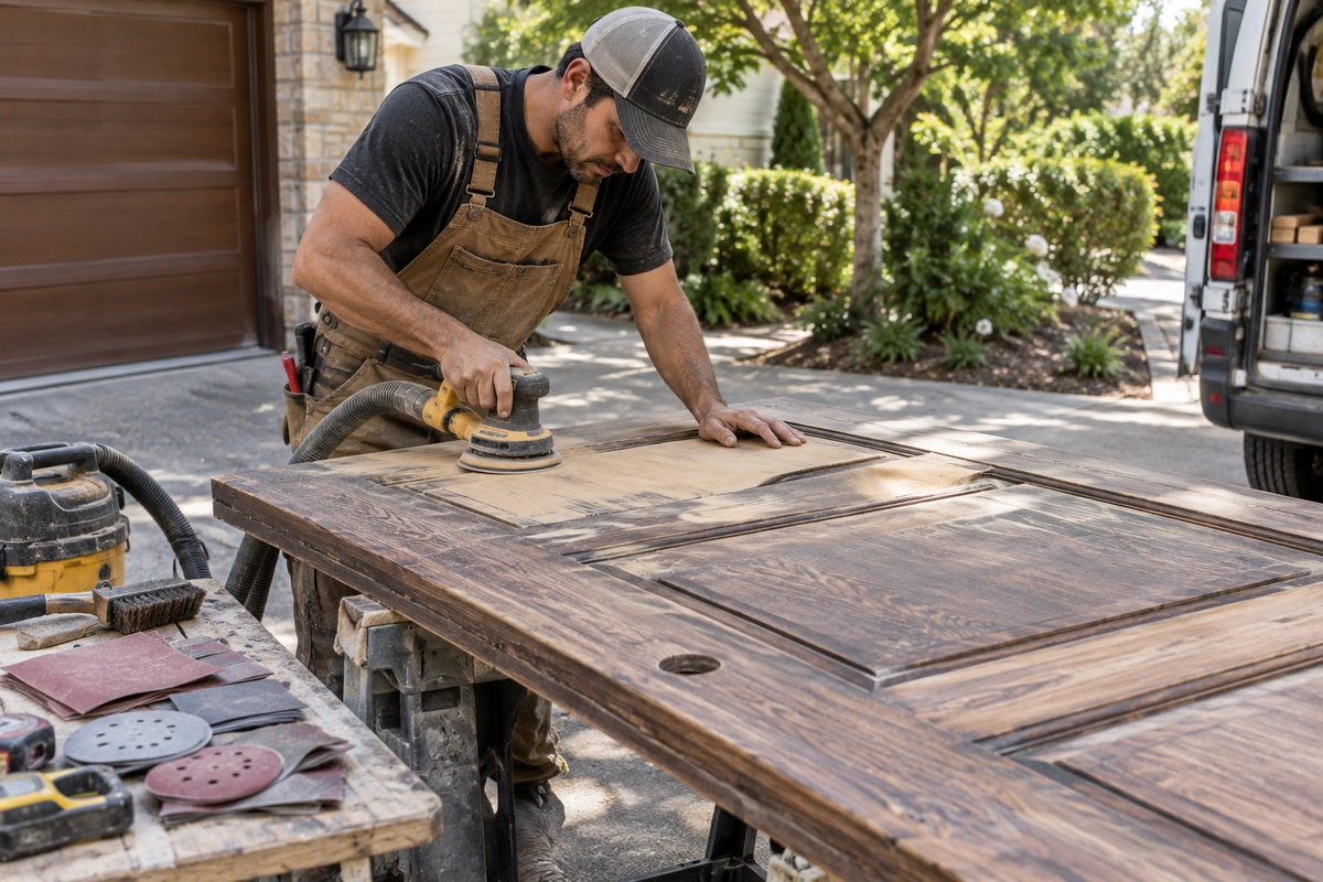 On-site wood door restoration and sanding process in Avondale Estates GA