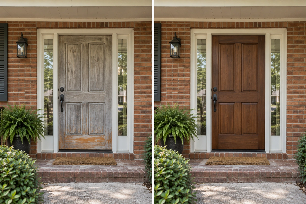 Door restoration Chamblee before and after, a faded clay-stained wood front door refinished to a rich walnut stain