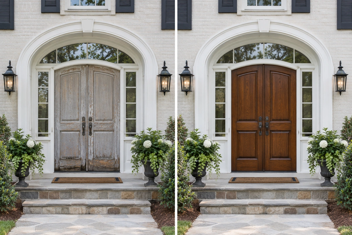 Door Refinishing Mableton, GA: Wood, Fiberglass & Metal Door Restoration 5 Door restoration in Mableton GA – before and after refinishing of a weathered double wood entry door