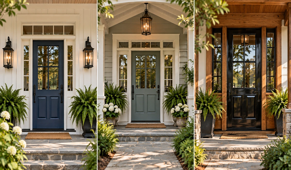 Exterior door paint colors in Chattahoochee Hills – navy, Wythe Blue and black front doors
