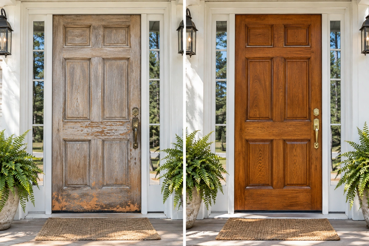 Exterior door refinishing Buena Vista – split before-and-after of a sun-faded oak front door restored to a rich stain