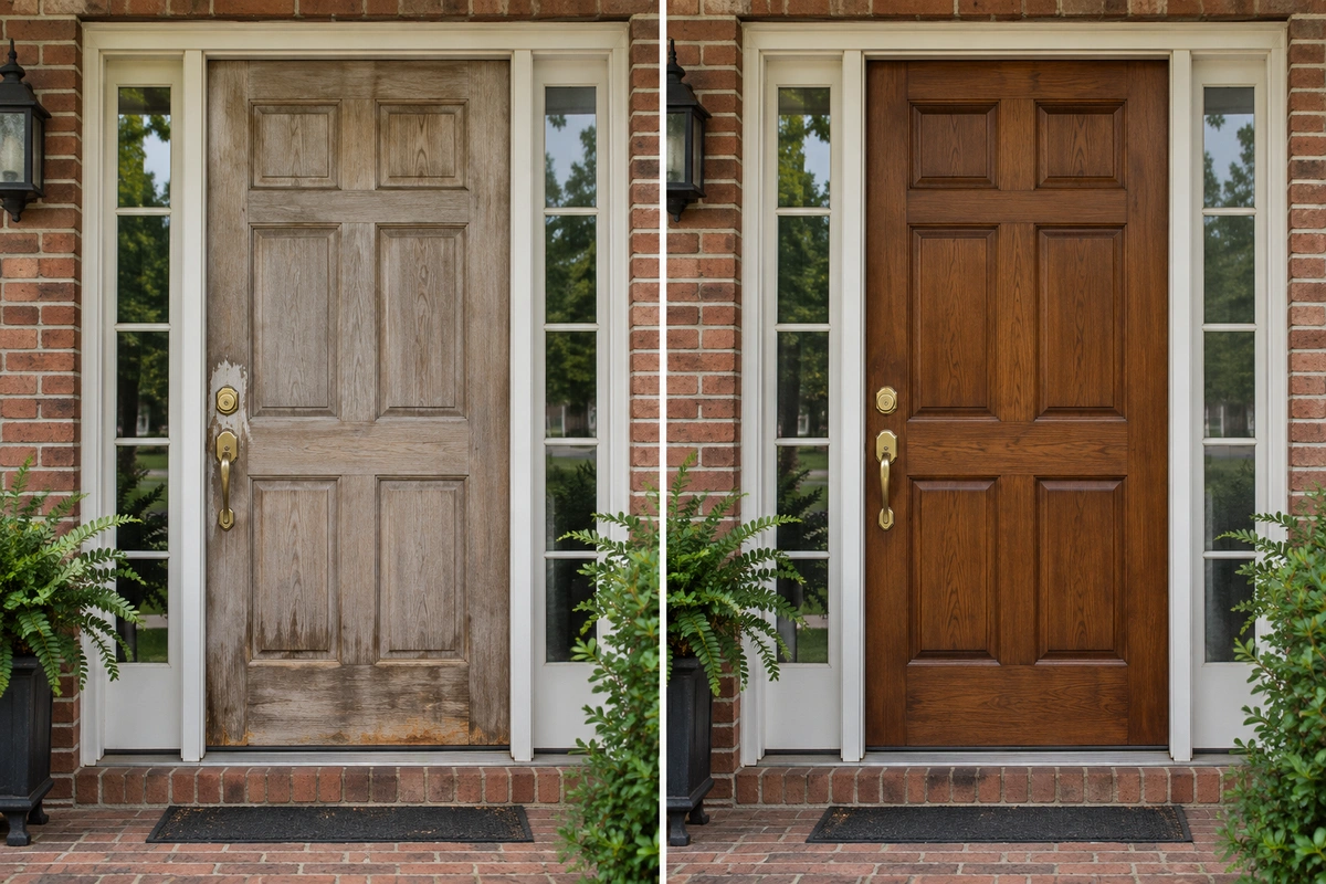 Exterior door refinishing Clayton County – weathered oak front door before and after wood door staining in Jonesboro