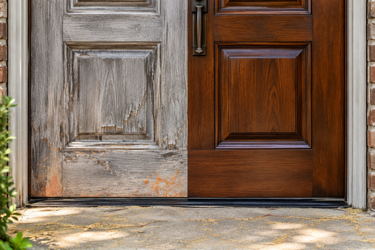 Exterior door refinishing Hampton – sun and red-clay damage before and after wood door restoration