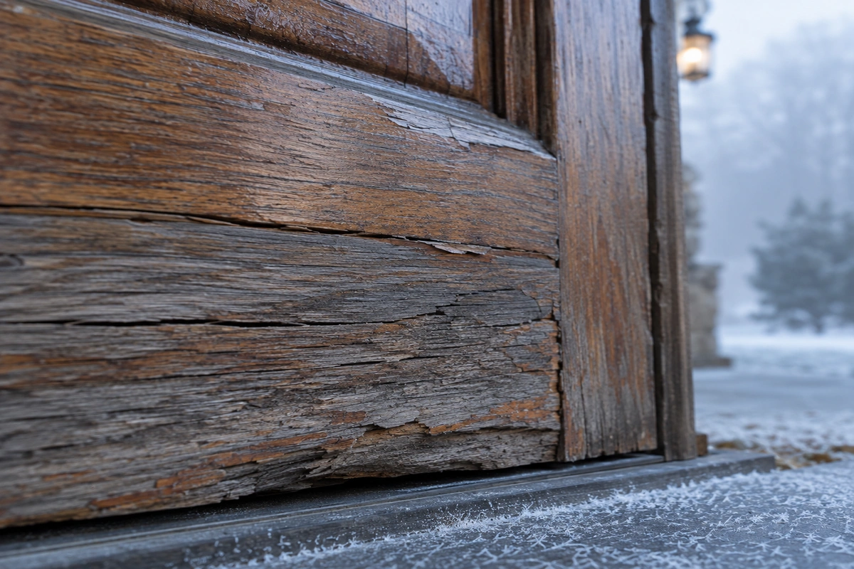 reeze-thaw cracking on a stained oak door needing exterior door refinishing in Northwest Georgia