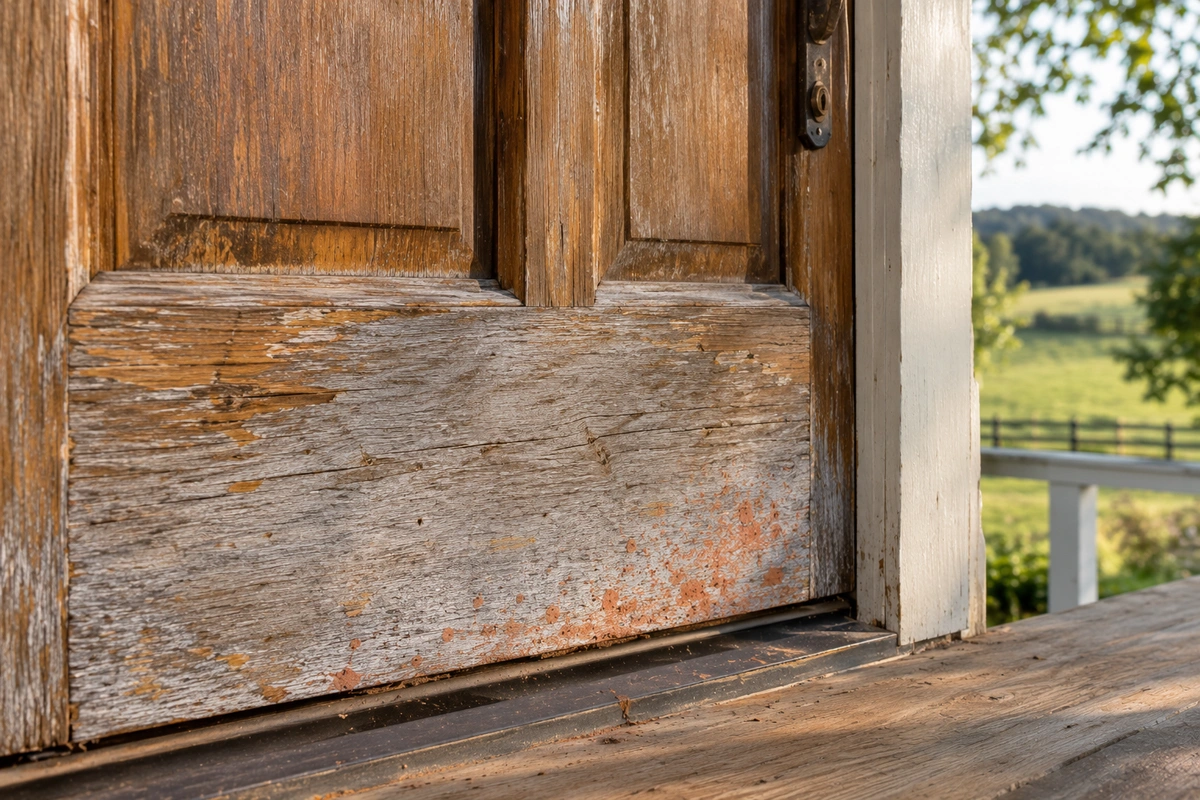 Weathered oak front door bottom rail with red clay staining before door refinishing in Between, GA