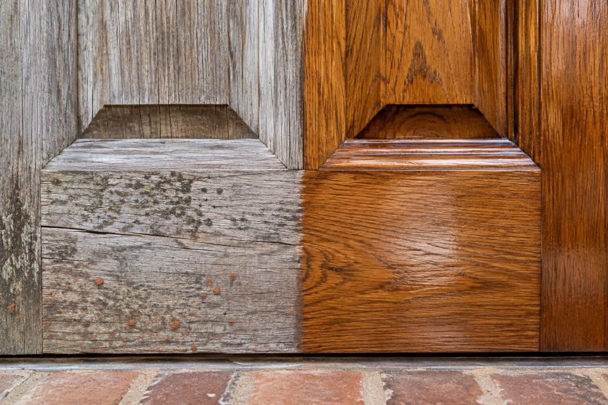 Door Refinishing Braswell, GA: On-Site Wood, Fiberglass & Metal Door Restoration 3 Exterior door weather damage in Georgia: sun-bleached oak door rail beside a refinished section in Braswell