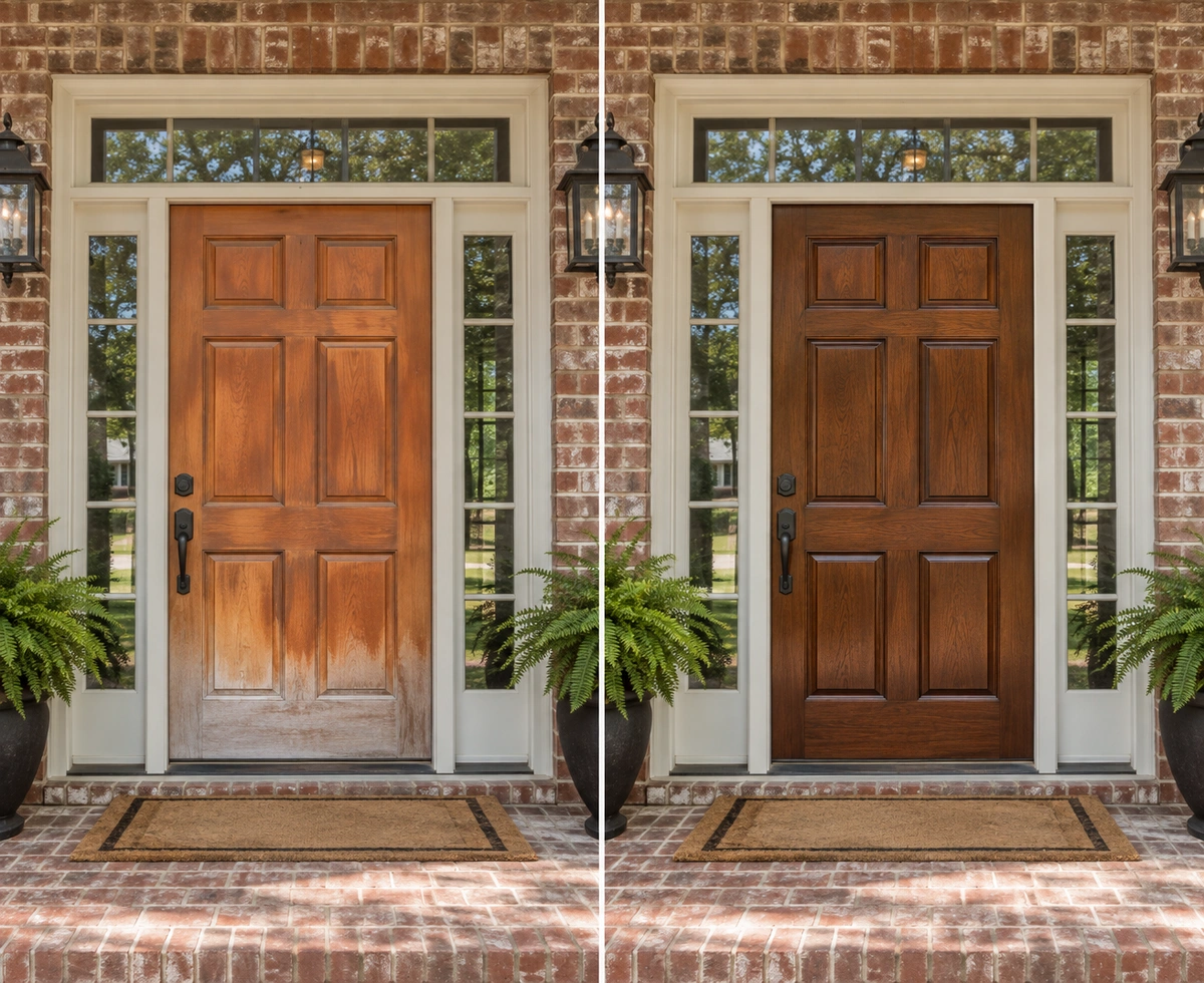 Fiberglass door refinishing Braselton before and after – faded factory stain restored to walnut finish