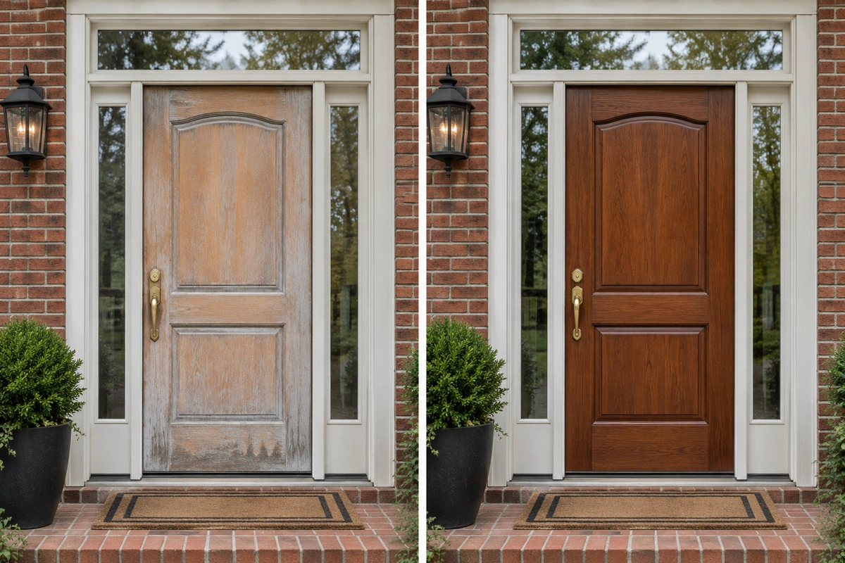 Door Refinishing Buford, GA: Lake Lanier-Ready Restoration for Wood, Fiberglass and Metal Entry Doors 5 Fiberglass door refinishing in Buford, GA: before and after of a sun-faded entry door restored