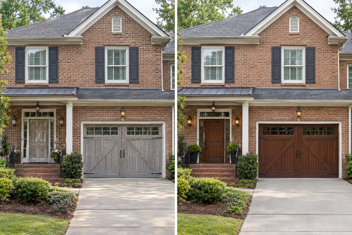 Door Refinishing Lithonia, GA | Doors, Cabinets, Floors & Stairs 5 Front door and garage door refinishing Lithonia before and after with matching walnut stain