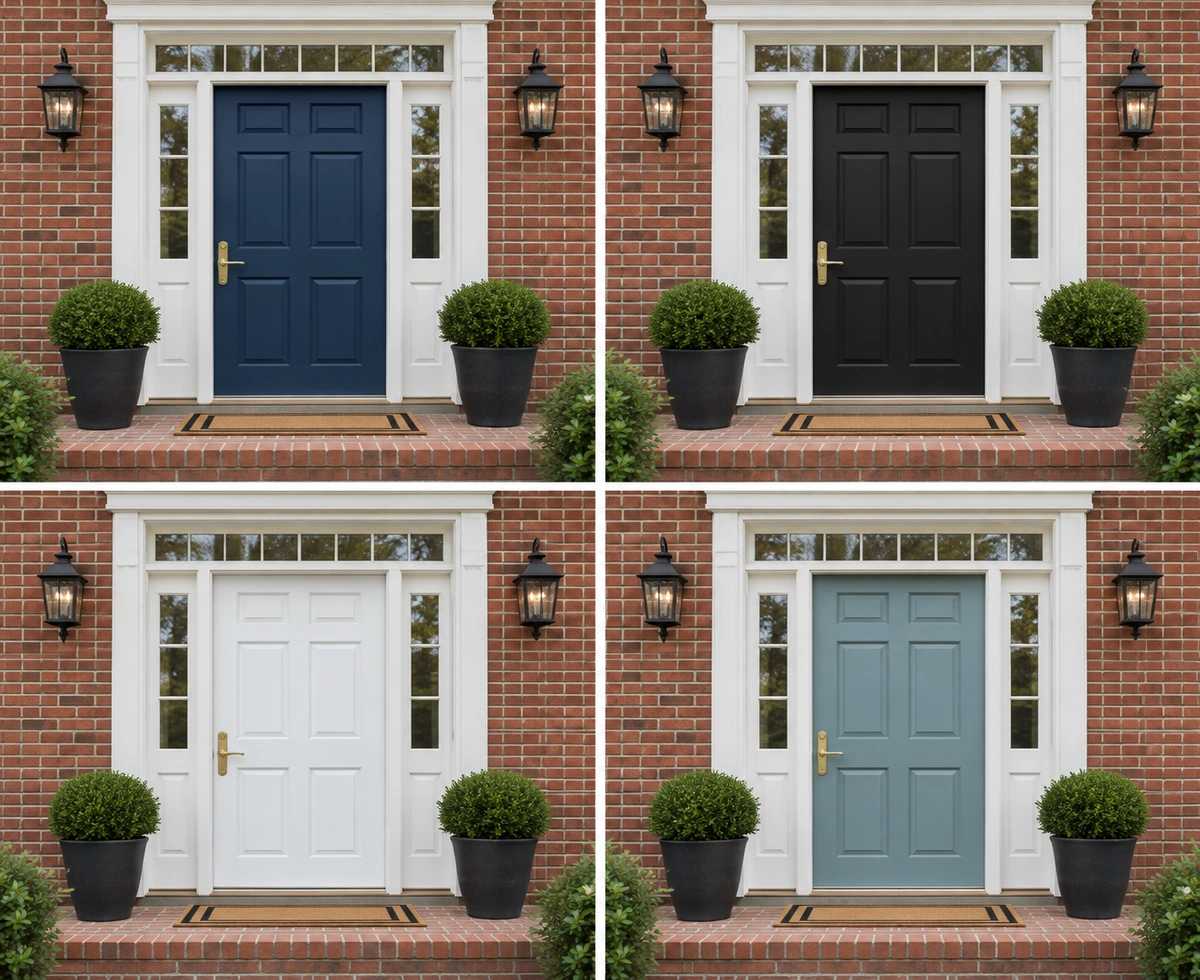 Door Refinishing Buford, GA: Lake Lanier-Ready Restoration for Wood, Fiberglass and Metal Entry Doors 4 Front door paint colors in Buford, GA: navy, black, white and soft blue doors with white trim