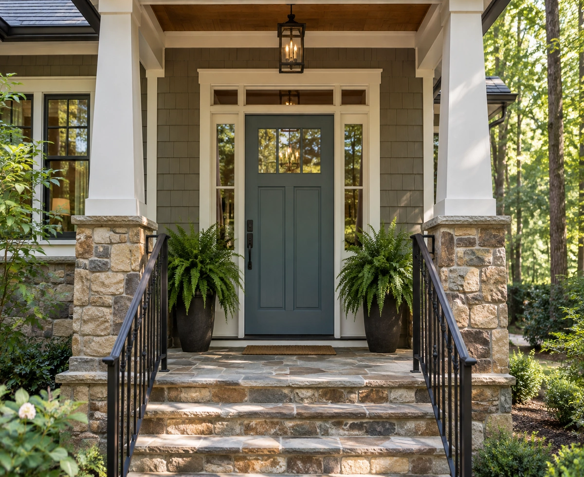 Front door paint colors in Jasper GA — blue-green painted front door with white exterior door trim paint