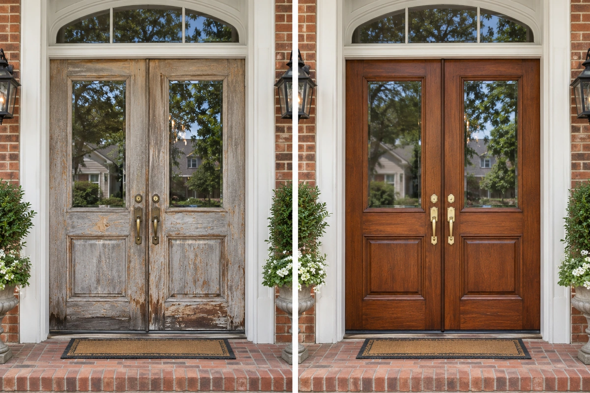 Front door refinishing Adairsville – before and after stained oak double entry doors