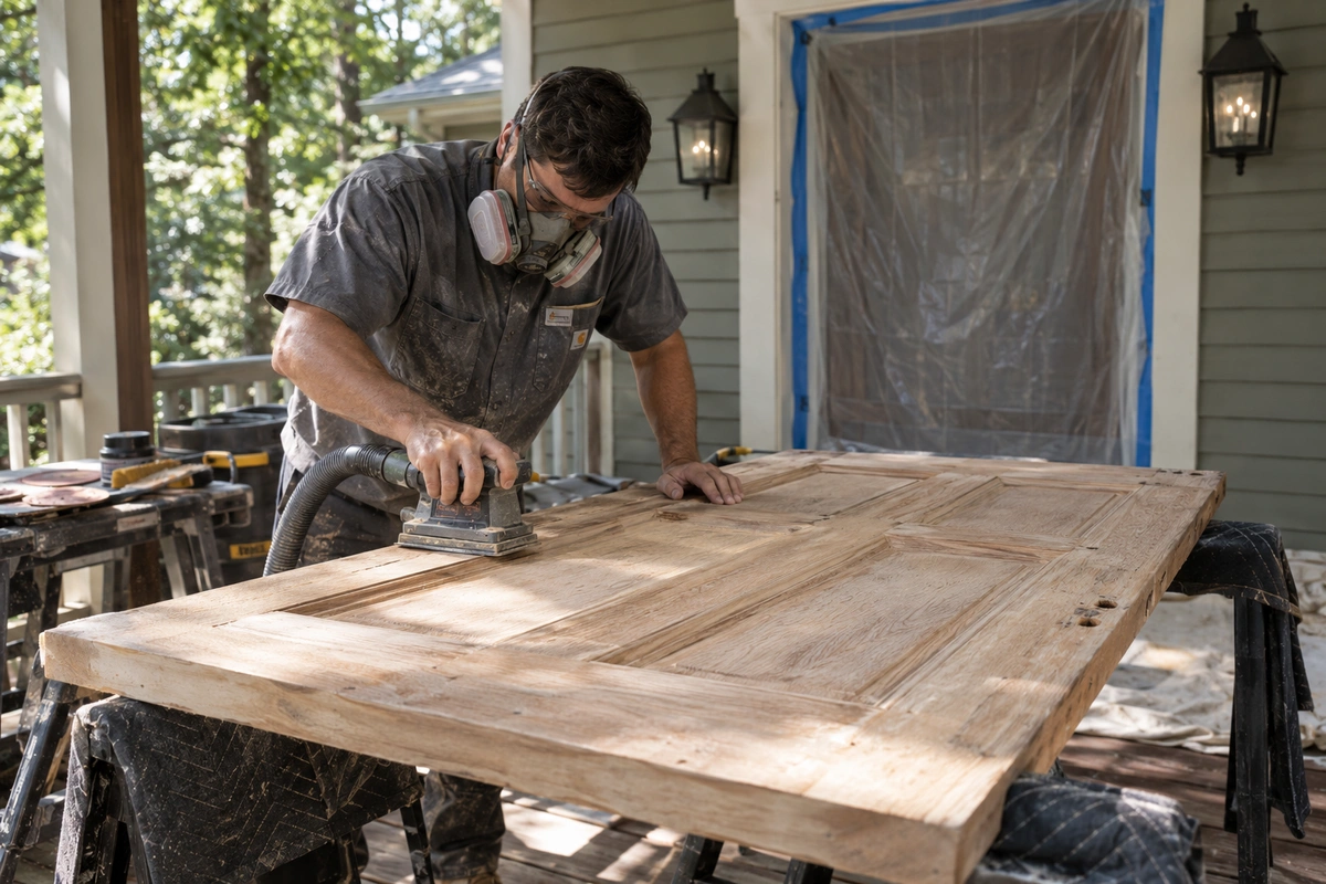 Door Refinishing Berkeley Lake, GA: Lakeside Wood Door Restoration Built for the Canopy 3 Front door refinishing Berkeley Lake – technician sanding a stripped oak entry door on-site