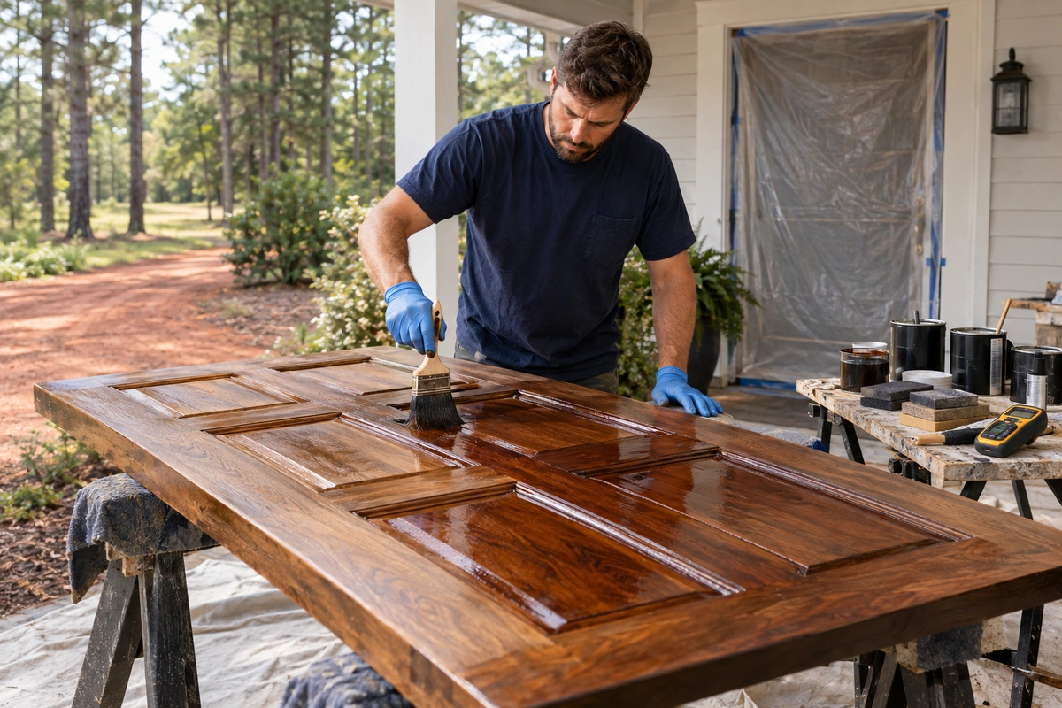 Front door refinishing Buena Vista GA – Door Stain technician applying stain to a wood door on-site in Marion County