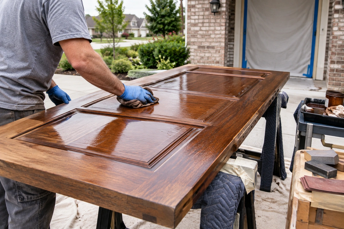 Front door refinishing process in Hampton GA – on-site wood door staining by Door Stain