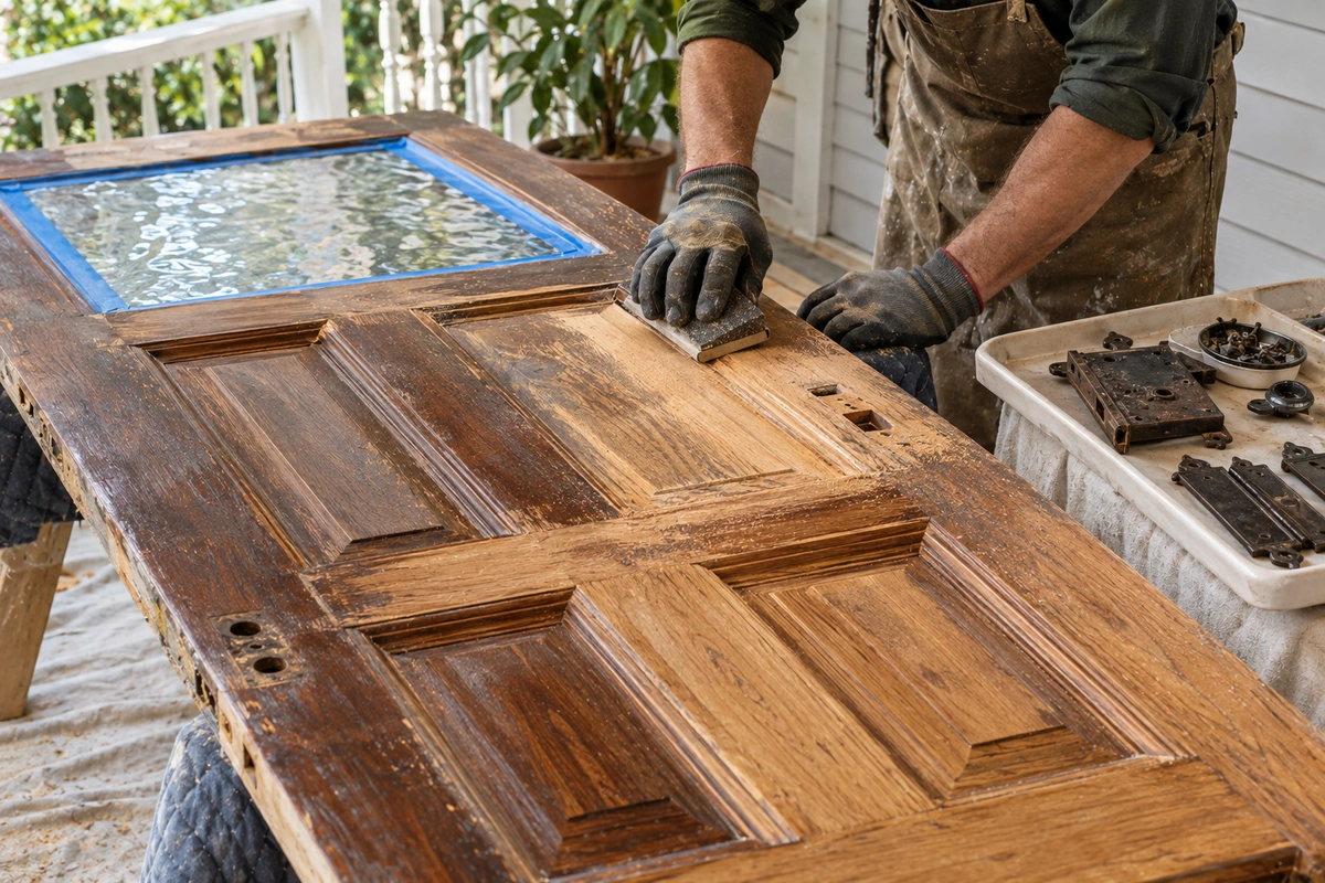 Historic door restoration Adairsville – hand-sanding an original panel door with antique hardware