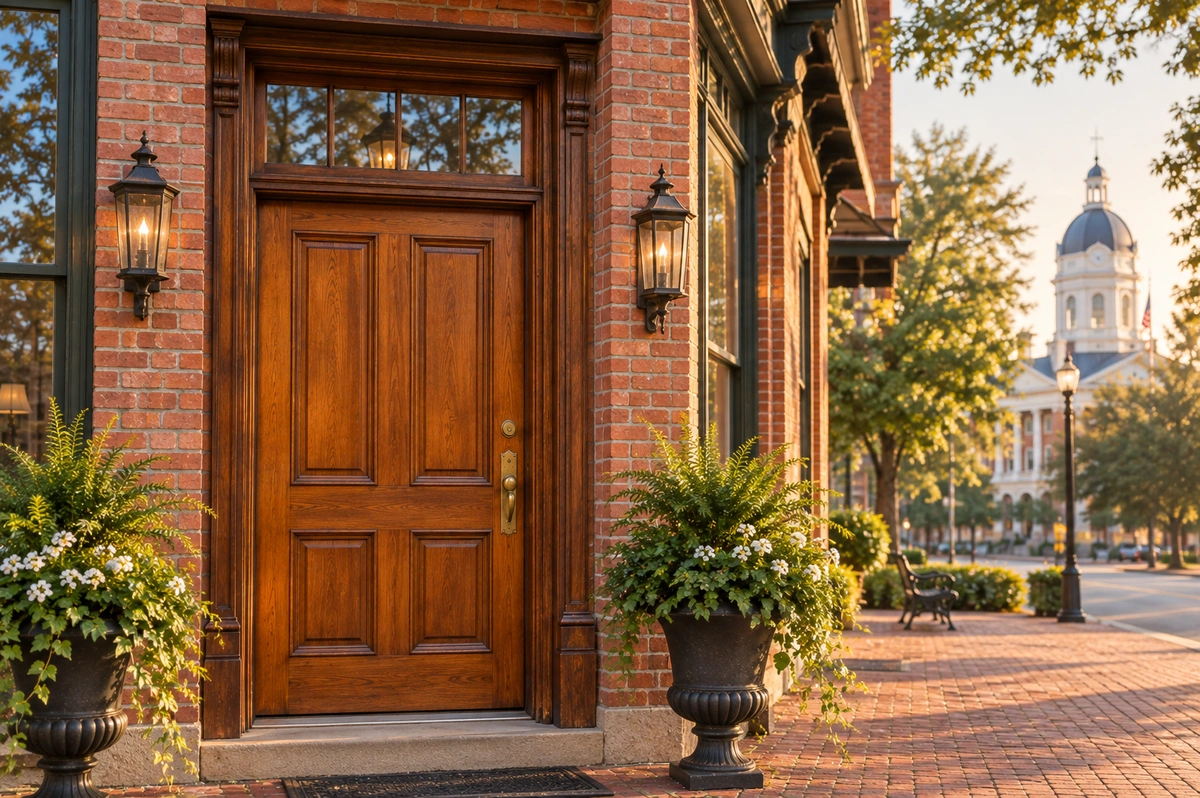 Historic door restoration in downtown Calhoun GA on an antique heart pine entry door