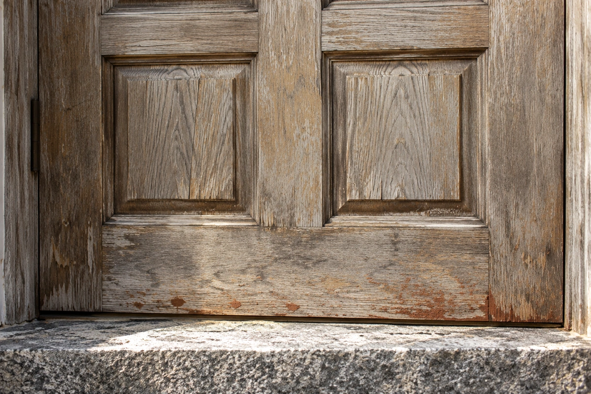 Door Refinishing Lithonia, GA | Doors, Cabinets, Floors & Stairs 3 Weather-damaged wood door above a granite step before wood door restoration in Lithonia GA