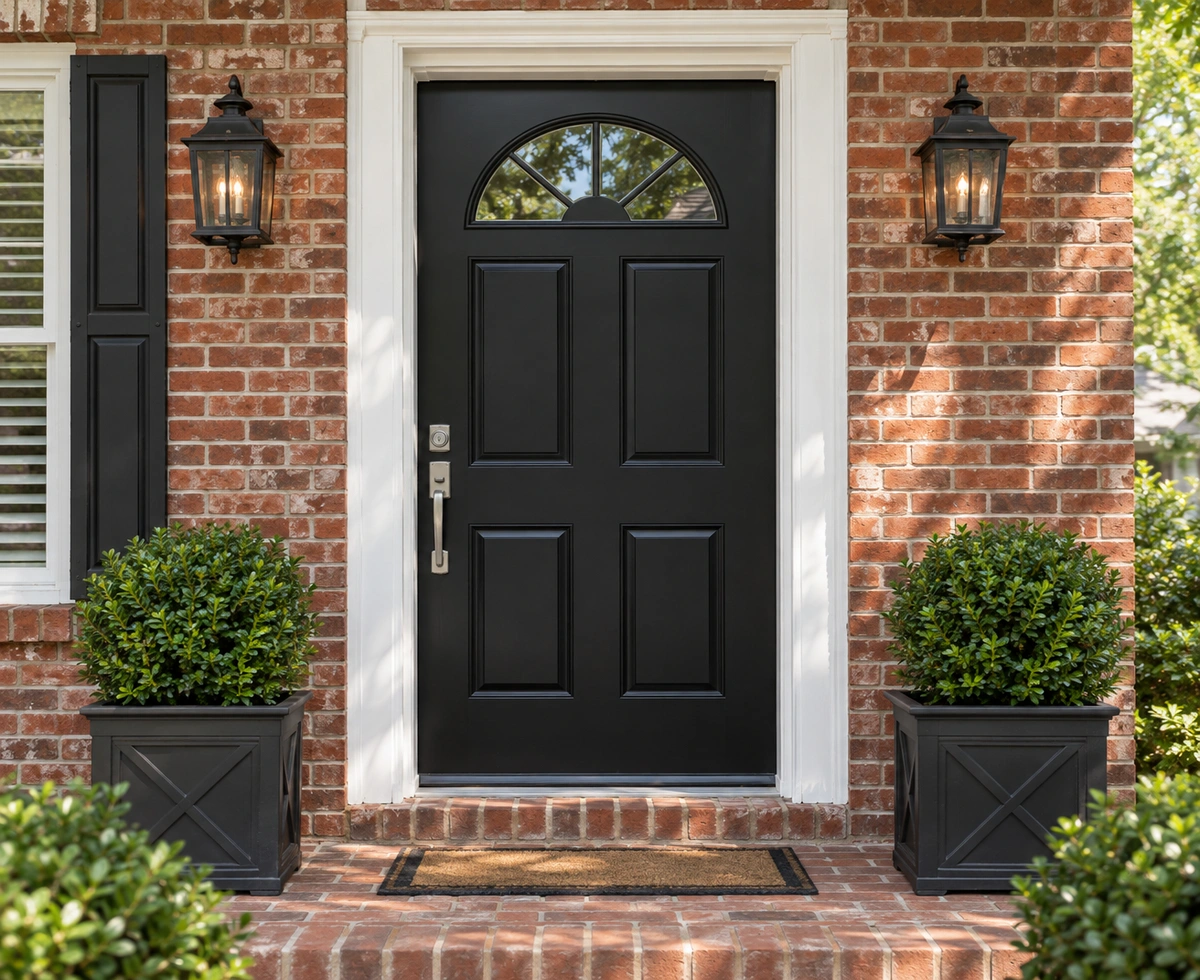 Door Refinishing Braswell, GA: On-Site Wood, Fiberglass & Metal Door Restoration 5 Metal door refinishing in Braswell GA: satin black steel front door with white exterior door trim paint