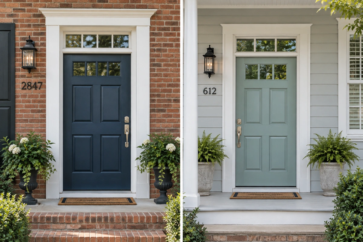Door Refinishing Mableton, GA: Wood, Fiberglass & Metal Door Restoration 4 Navy front door paint and Wythe Blue front door with white exterior door trim paint on Mableton GA homes