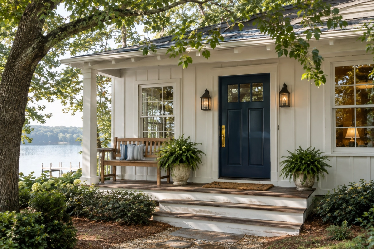 Door Refinishing Berkeley Lake, GA: Lakeside Wood Door Restoration Built for the Canopy 4 Navy front door paint with white exterior door trim on a Berkeley Lake GA lake cottage