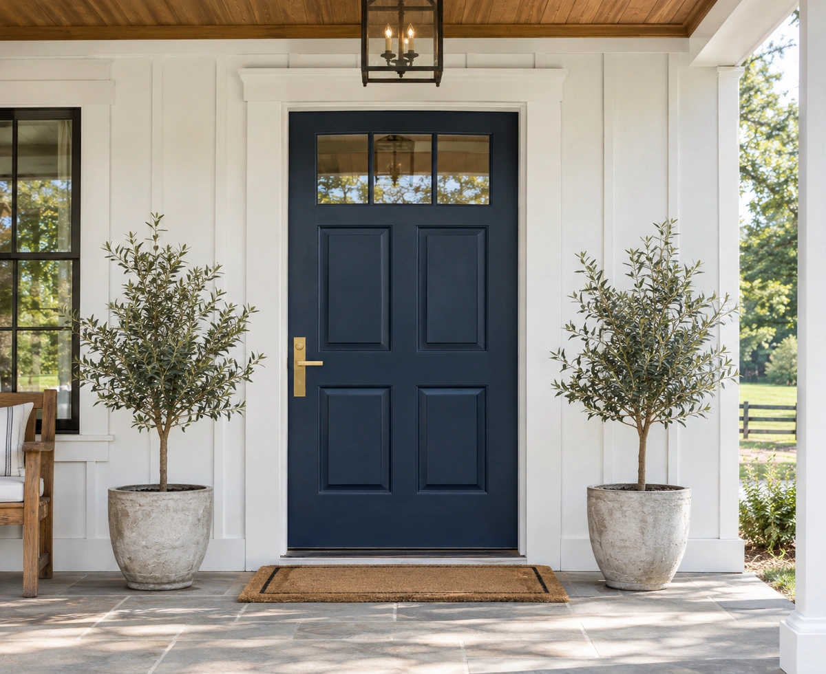 Navy front door paint on a Braselton farmhouse entry with white exterior door trim paint