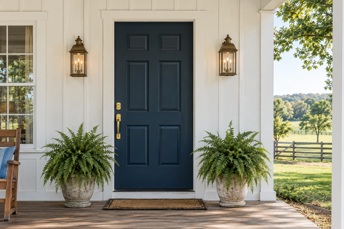 Navy front door paint on a white farmhouse entry in Walton County near Between, GA