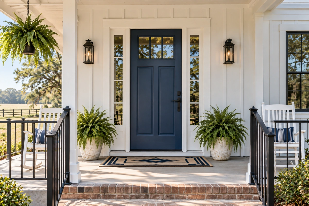 Navy front door paint with white exterior door trim paint on a Buena Vista GA farmhouse porch